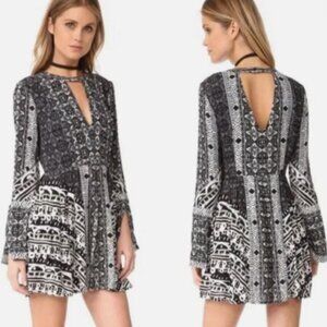 Free People Tegan Border Print Boho Short Dress Tunic  Black/Gray Size 4